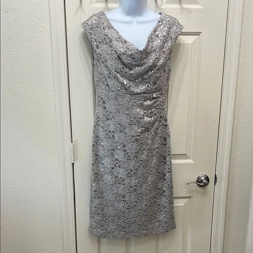 Connected Apparel Silver Sequin Ruched Sheath Dress Size 8 Midi Sleeveless